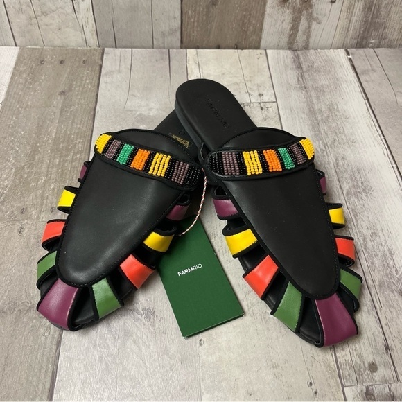 FARM Rio Shoes - NWB FARM Rio Black Rainbow Beaded Mule Size 10